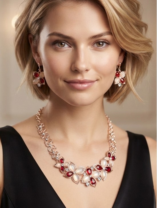 Rhinestone & Gems Flower Necklace with Earring Set